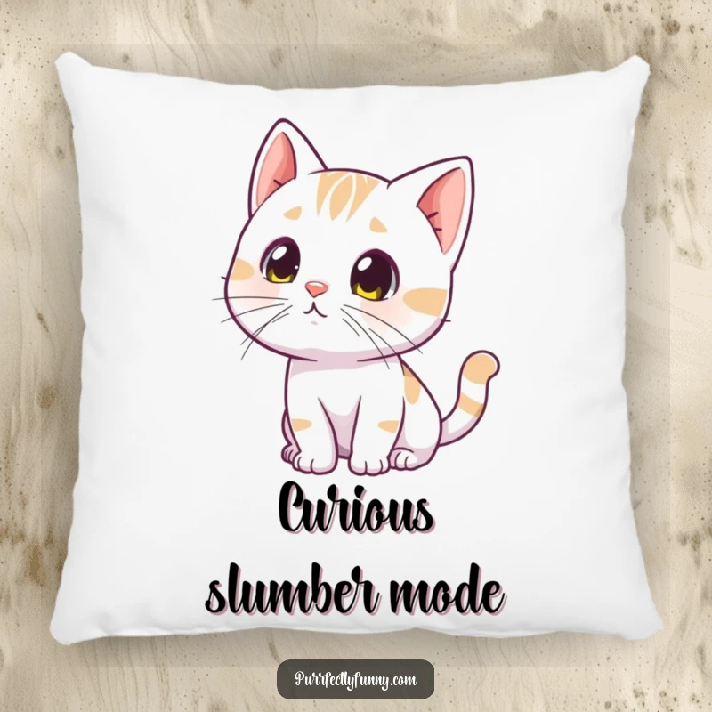 Funny curious cat pillow, a soft cushion featuring a cat tilting its head with twitching whiskers, full of curiosity.