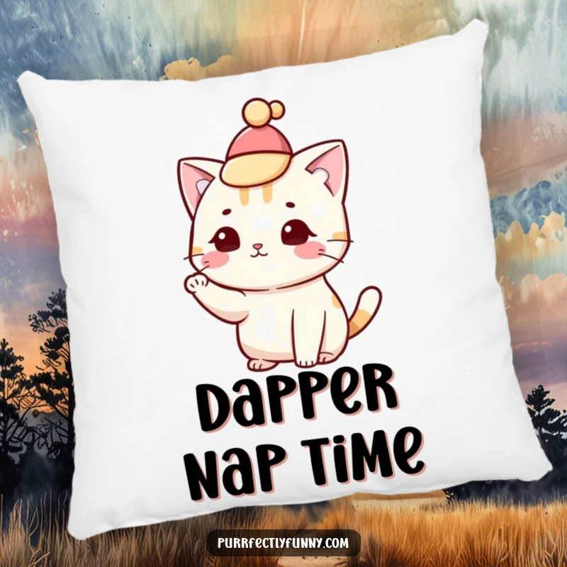 Funny cat tipping its hat with a paw flourish, on a soft pillow, adding charm to furniture.