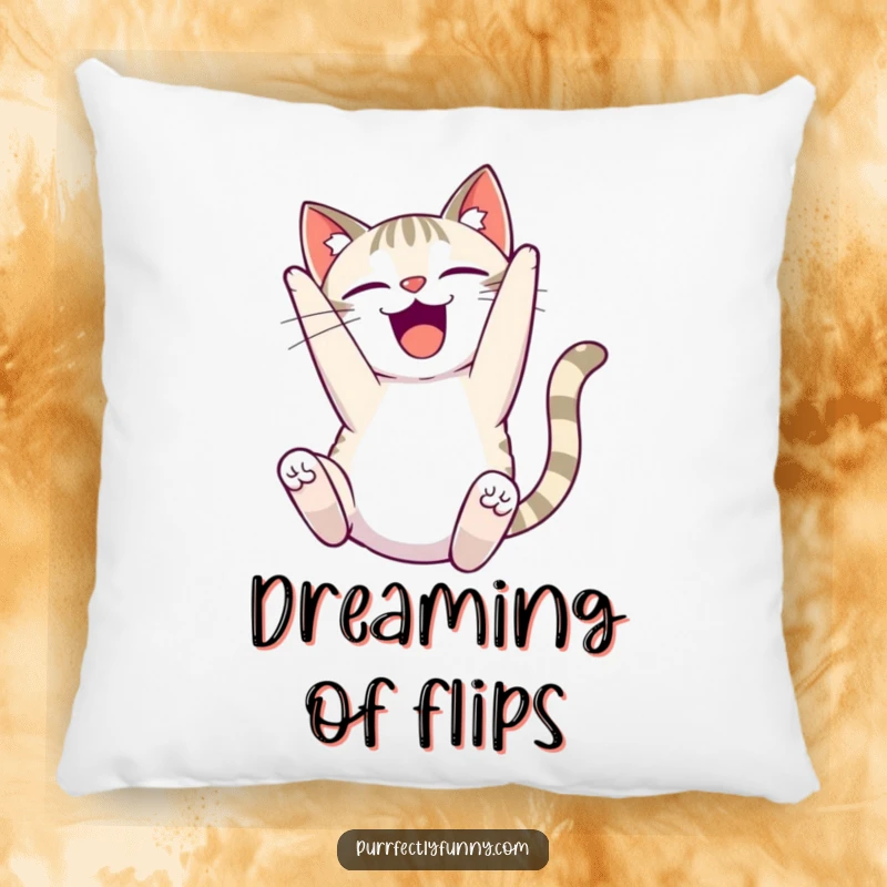Funny delighted cat pillow, a soft cushion featuring a cat doing a comical somersault with a blissful expression.