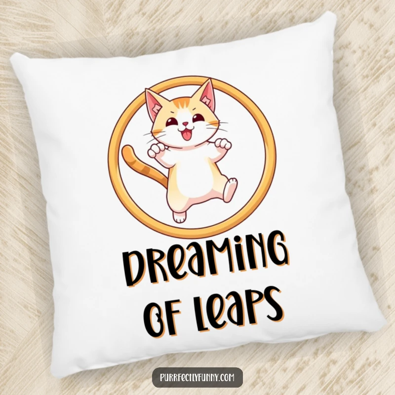 Funny, plush pillow showcasing a cat executing a perfect leap through a hoop with a victorious expression.