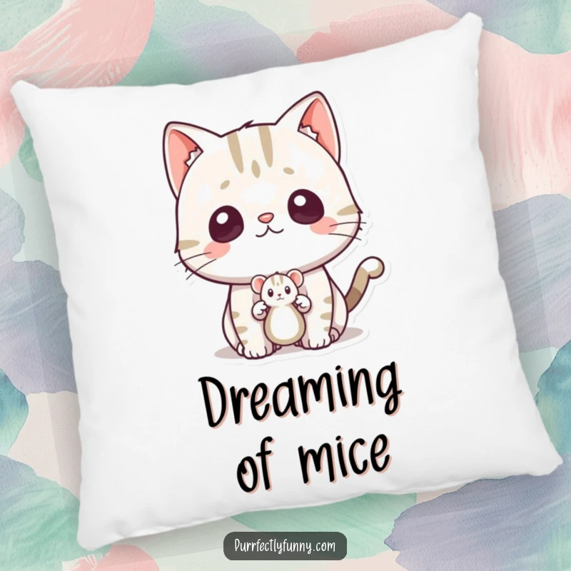 Funny surprised cat pillow, a soft cushion featuring a cat's comical shock at a toy mouse popping out.