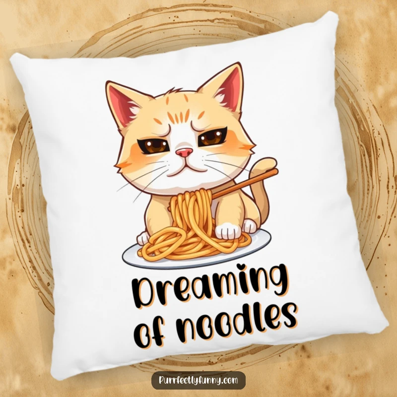 Funny cat pillow featuring a goofy expression while eating spaghetti, messy and humorous decor.