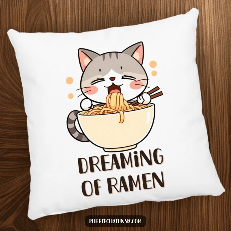 Funny pillow showing a cat with eyes closed in delight, enthusiastically slurping a giant bowl ofnoodles, perfect for any room.
