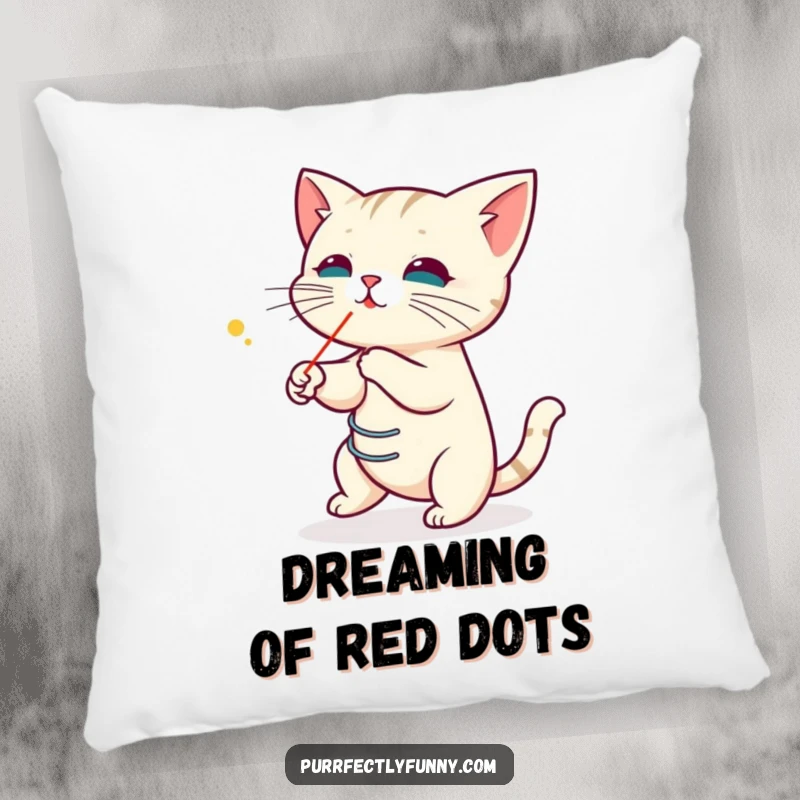 Funny pillow depicting a cat with its body coiled like a spring, ready to chase a laser pointer dot, offering comfort and humor.
