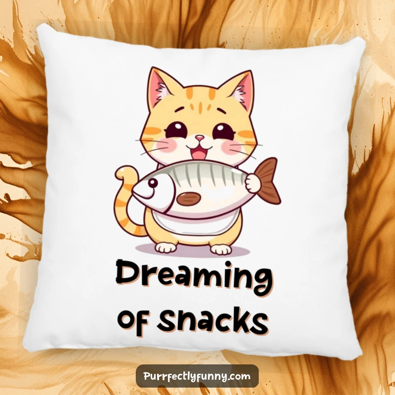 Funny cat pillow, a cartoon cat in a bib, gazing longingly at a ridiculously large fish treat, conveying immense hunger and excitement.