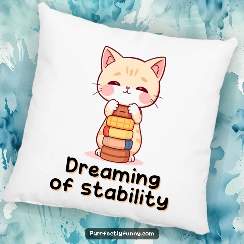 Funny pillow with a cat character trying to balance a tall, unstable stack of cute items.