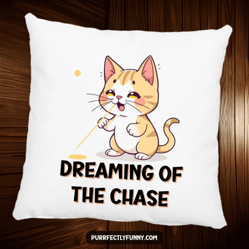 Funny cat pillow, a cute cartoon cat looking utterly bewildered and frustrated while chasing a tiny red laser dot that's always just ahead.