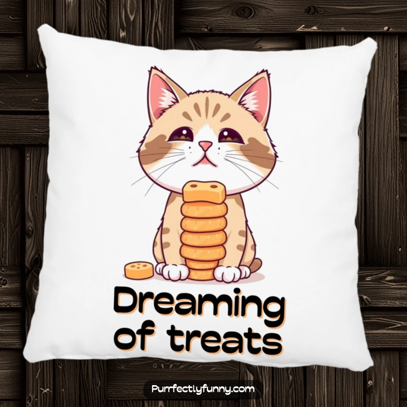 Funny pillow featuring a cat attempting to balance a stack of treats on its nose, offering cozy and humorous decor.