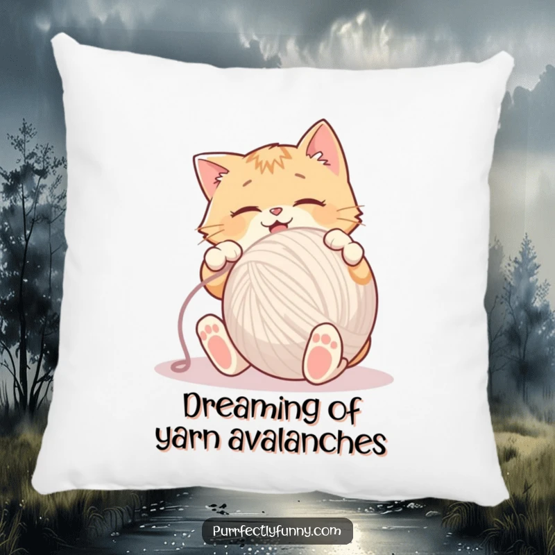 Funny Pillow showcasing a happy cat joyfully batting a huge ball of yarn, adding a touch of humor.