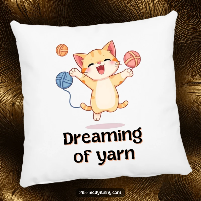 Funny pillow featuring a cat energetically juggling yarn balls, perfect for adding a playful and cozy touch to any room.