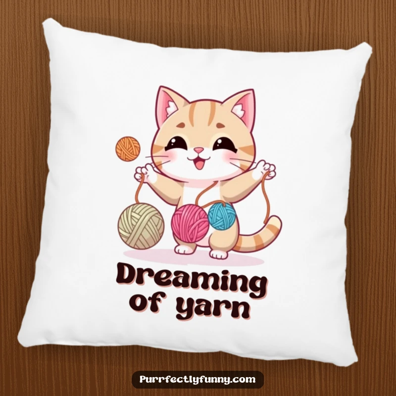 Funny cat juggling yarn balls, bringing a soft, humorous, and crafty touch to any pillow arrangement.