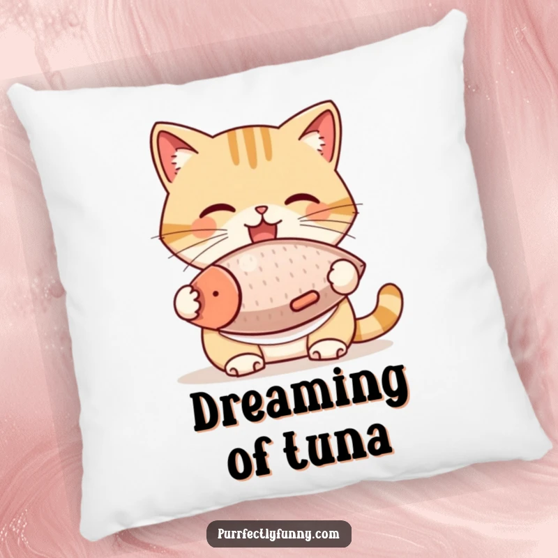 Funny Cat Pillow: A cat wearing a bib is gleefully eating a very large fish treat, a humorous and adorable depiction for decor.