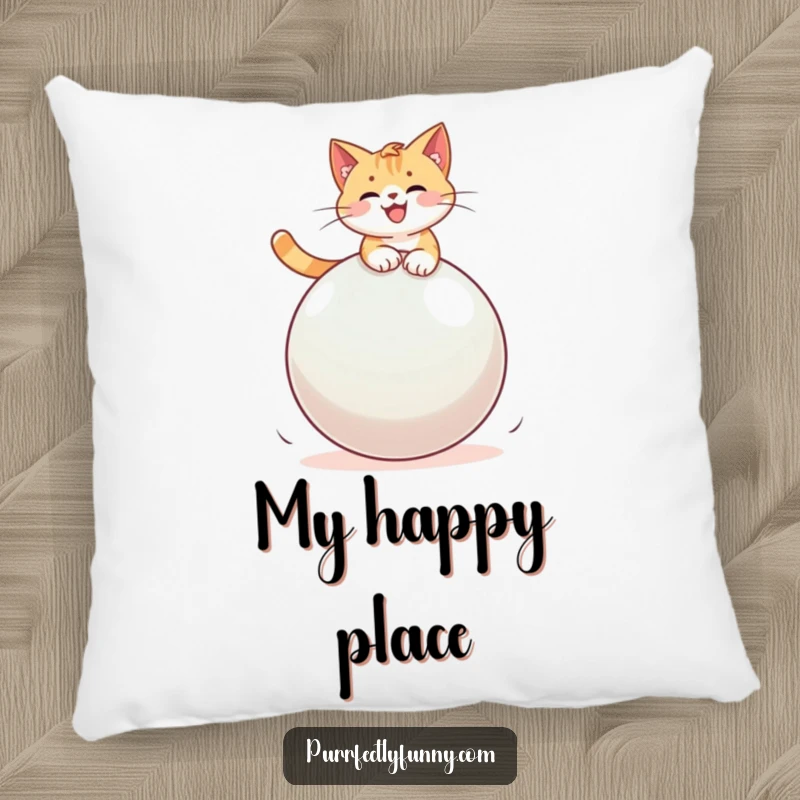 Funny soft pillow featuring a cat enthusiastically riding a large, unstable bouncy ball, perfect for cozying up.