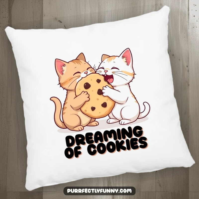 Funny, plush pillow showcasing two adorable cats sharing an enormous cookie, perfect for comfort and humor.