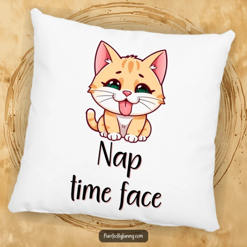 Funny cat character making a silly face with tongue sticking out, on a soft and plush decorative pillow.