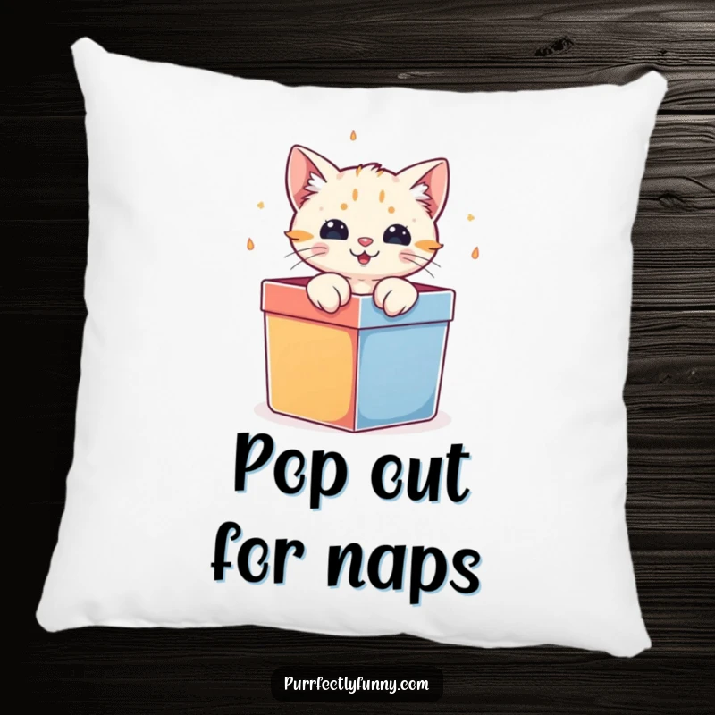 Funny cat character bursting out of a gift box, on a soft and plush decorative pillow.