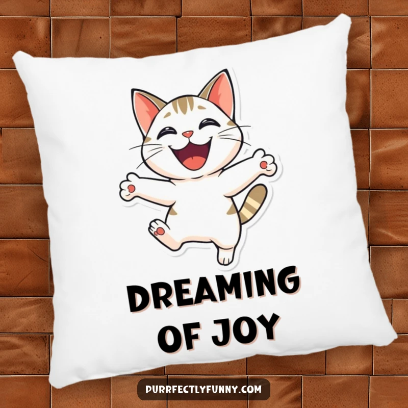 Funny cat leaping with an excited grin, bringing a sense of playful energy to this comfortable pillow.