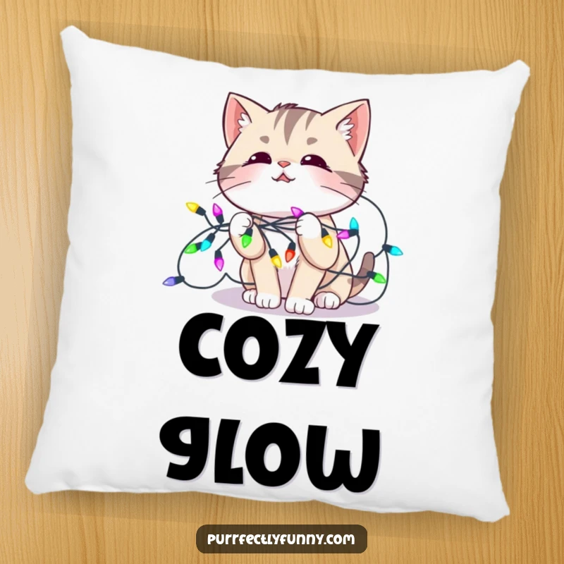Funny pillow design showing a cat tangled in colorful holiday lights, looking amused, perfect for adding cozy festive humor.