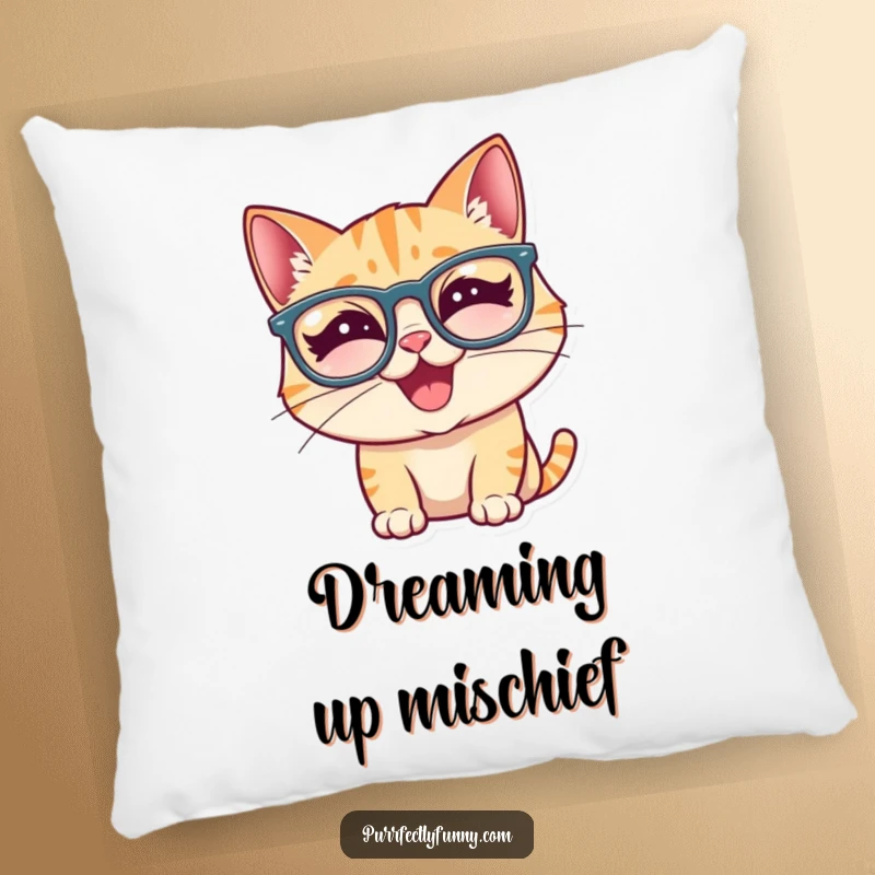 Soft, plush pillow featuring a funny cat character wearing silly glasses and shaking with laughter, ideal for comfort.