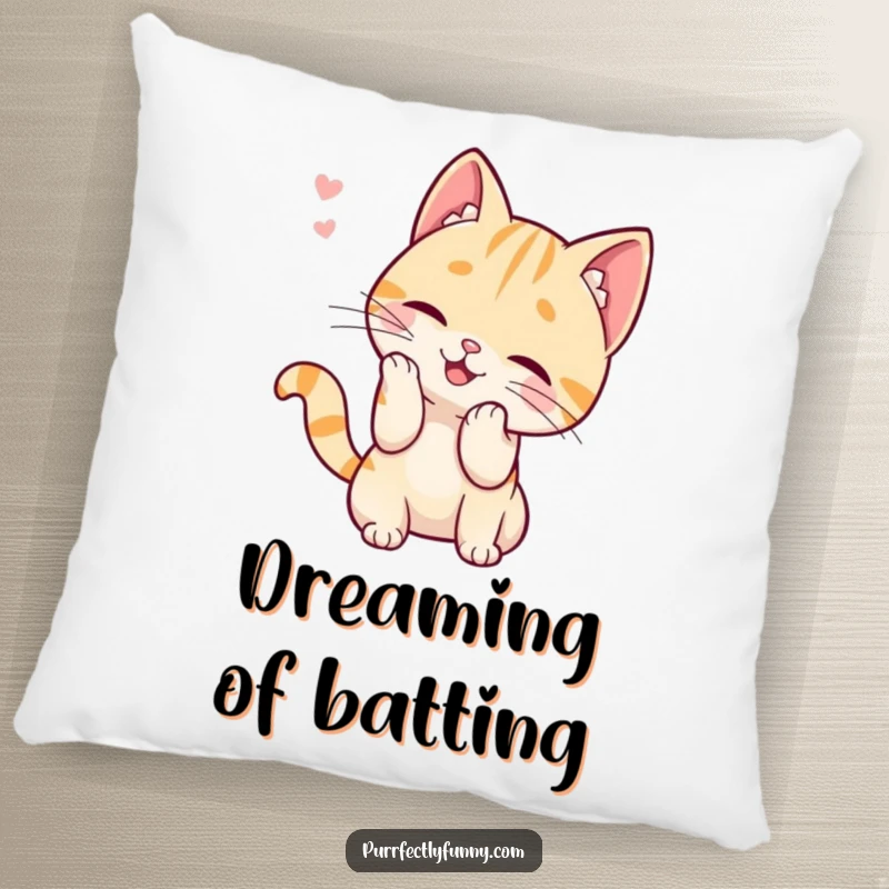 Funny pillow showcasing a cuddly cat character playfully attempting to catch a stray whisker, radiating adorable mischief and lightheartedness.