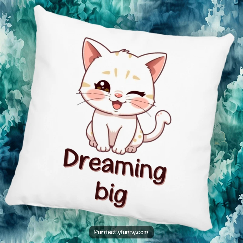 Funny pillow featuring a playful cat with a knowing wink and a wiggly tail, perfect for adding a whimsical touch to any seating area.