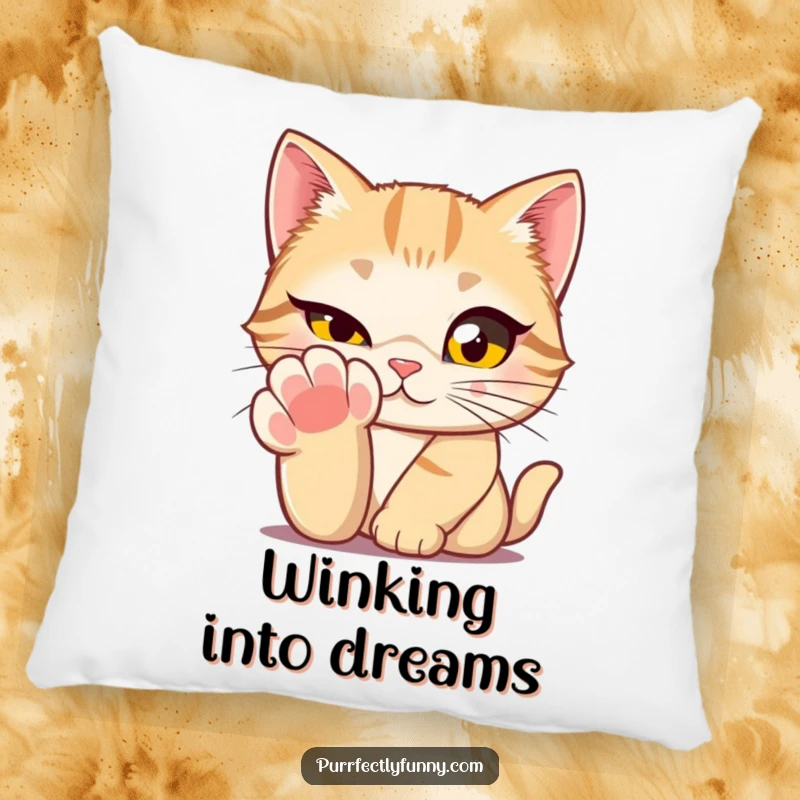 A decorative pillow featuring a cat with exaggeratedly large eyes winking from behind its paw, adding humorous feline charm.