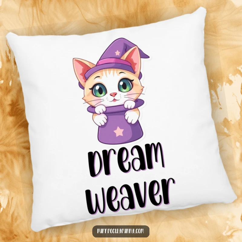 Funny pillow design showing a cat with huge, curious eyes peeking into a magic hat, perfect for adding a touch of whimsical comfort.