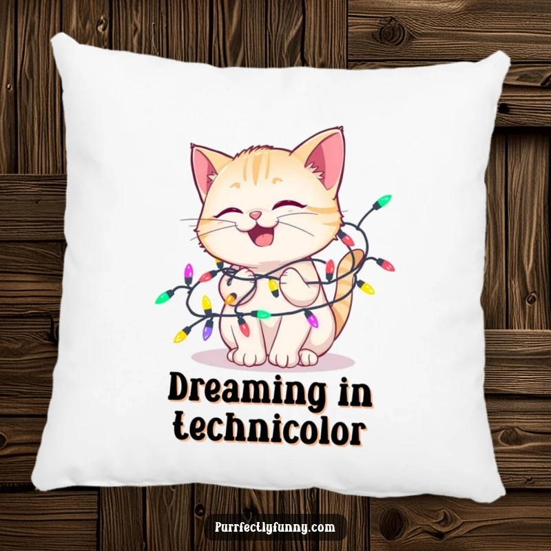 Funny pillow depicting a delighted cat happily tangled in colorful holiday lights, offering comfort and a humorous, festive embrace.