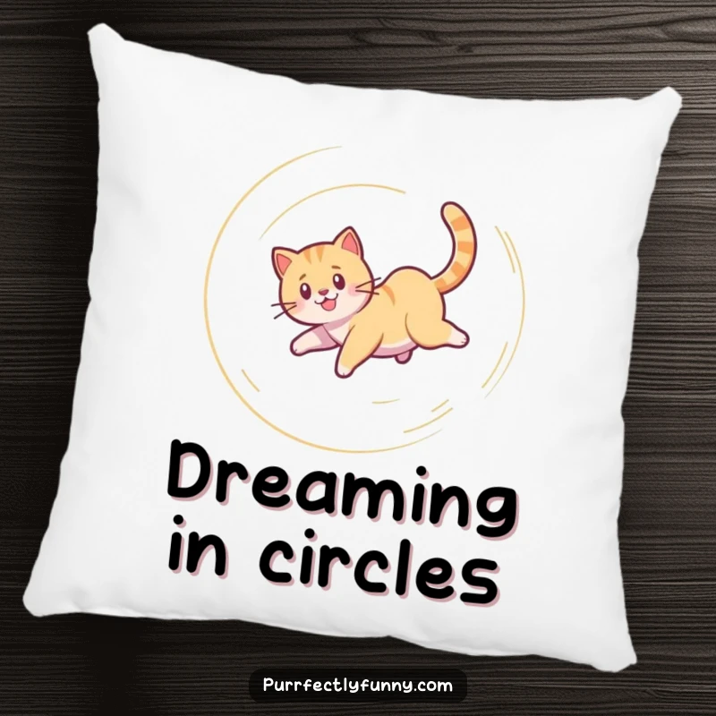 Funny Cat Pillow: A soft pillow featuring a funny illustration of a cat spinning in a happy, dizzy spiral after its tail.