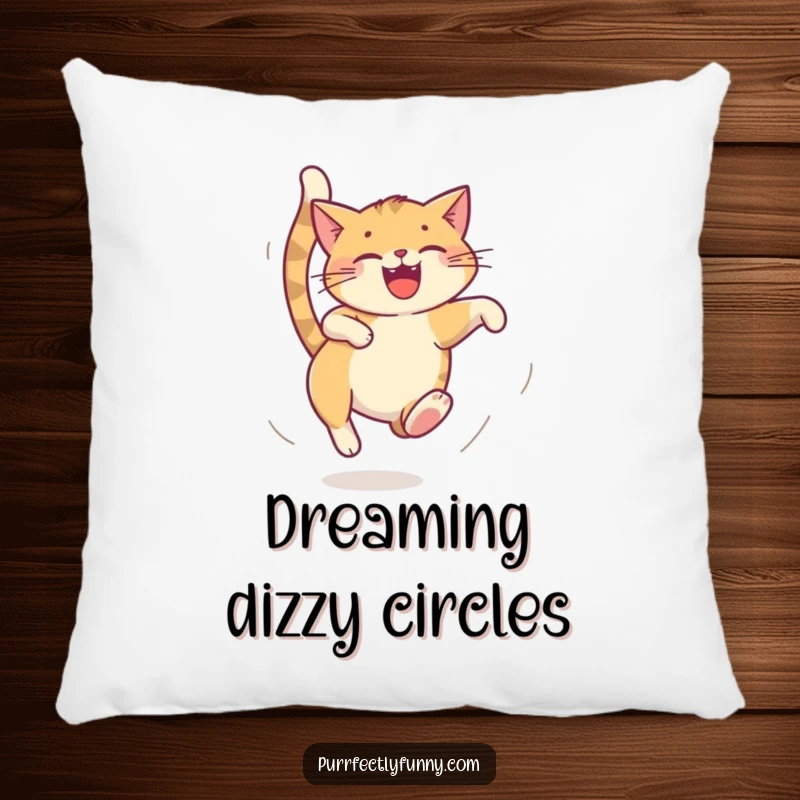 Funny cat pillow, cat in a dizzy tail chase, soft and humorous home decor, ideal funny gift.