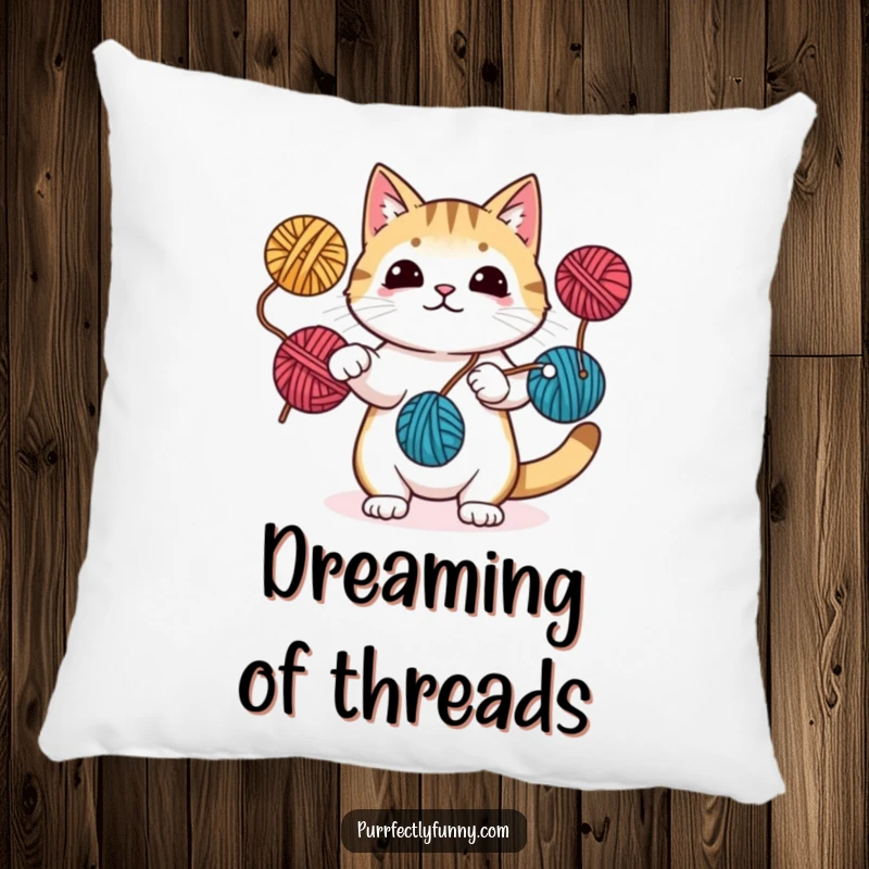 Funny pillow featuring a cat juggling yarn balls with paws and tail, perfect for adding a whimsical and talented touch to any seating area.