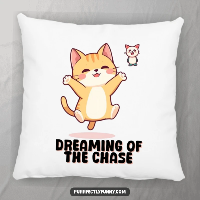 Funny pillow showcasing a simplified cat character leaping dynamically with paws outstretched, reaching for a floating toy. Soft and humorous decor.