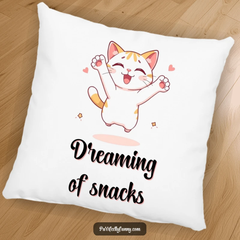 Funny cat pillow: a cat character leaping with outstretched paws, enthusiastically reaching for an imagined treat, looking happy.