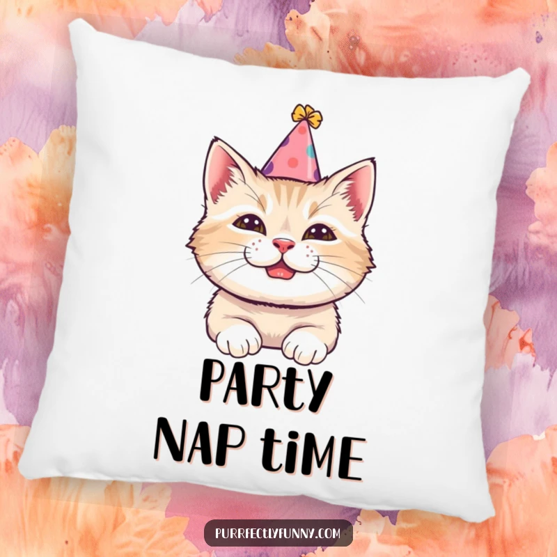 Funny pillow featuring a cat wearing a tilted party hat and a comical grin, perfect for adding a playful and festive touch.
