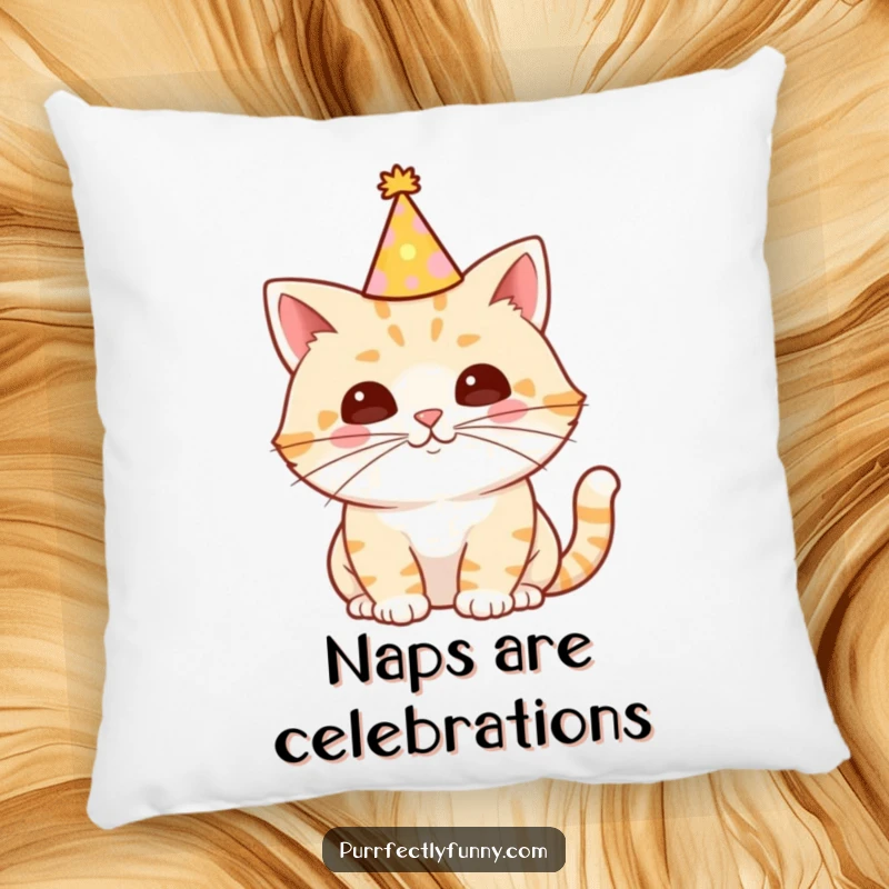 Funny Cat Pillow showcasing a cat in a party hat with a comically long whisker, offering soft comfort and humorous decor for any room.