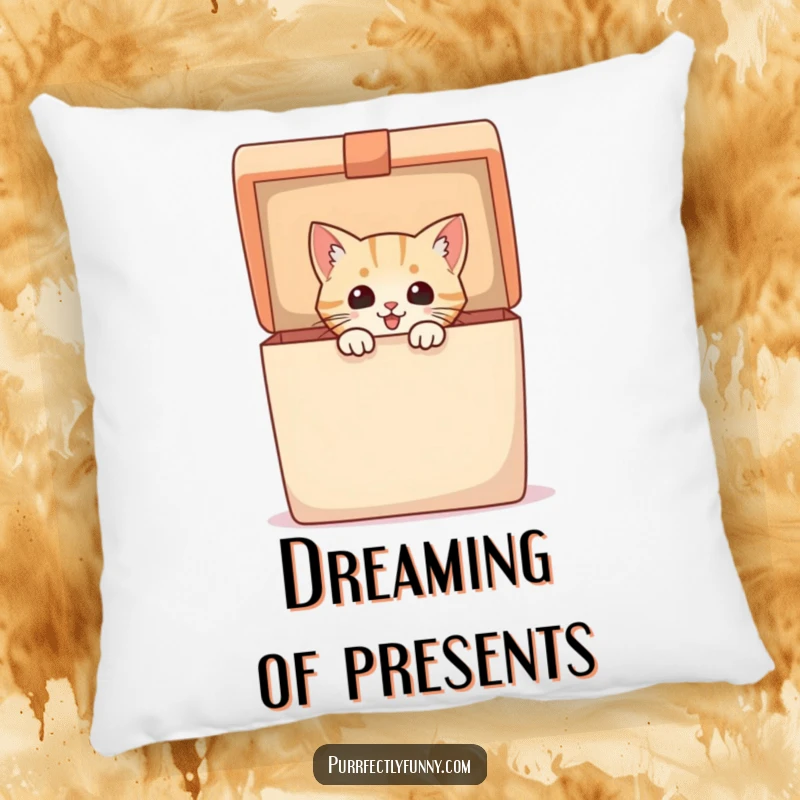 Funny Pillow with an excited cat peeking out of a large gift box, offering comfort and a humorous touch to any living space.