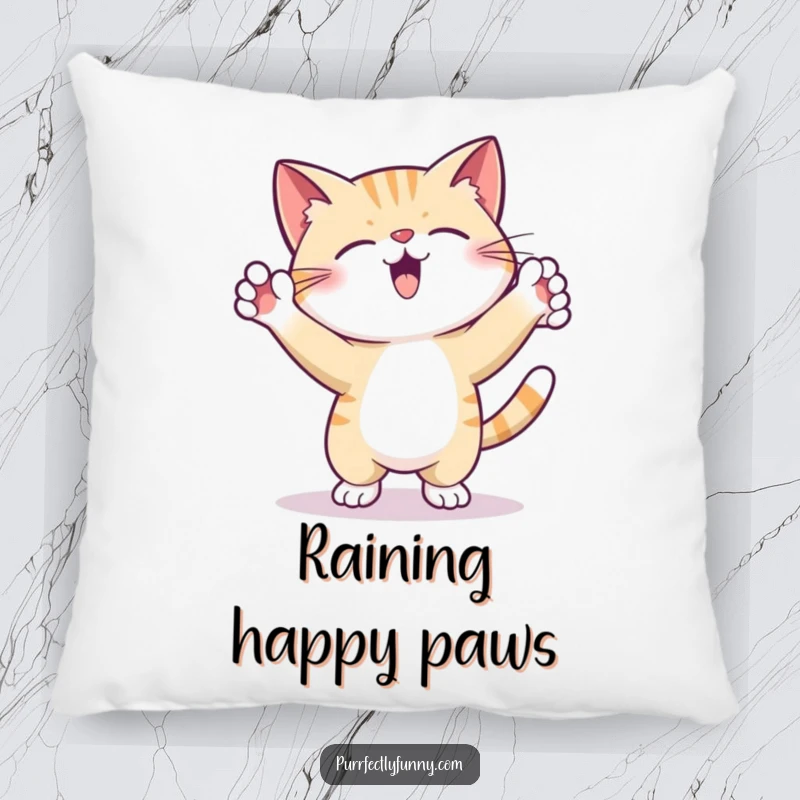 Funny Pillow showing a cat dancing sillily with paws held high, adding a touch of lighthearted fun and comfort.