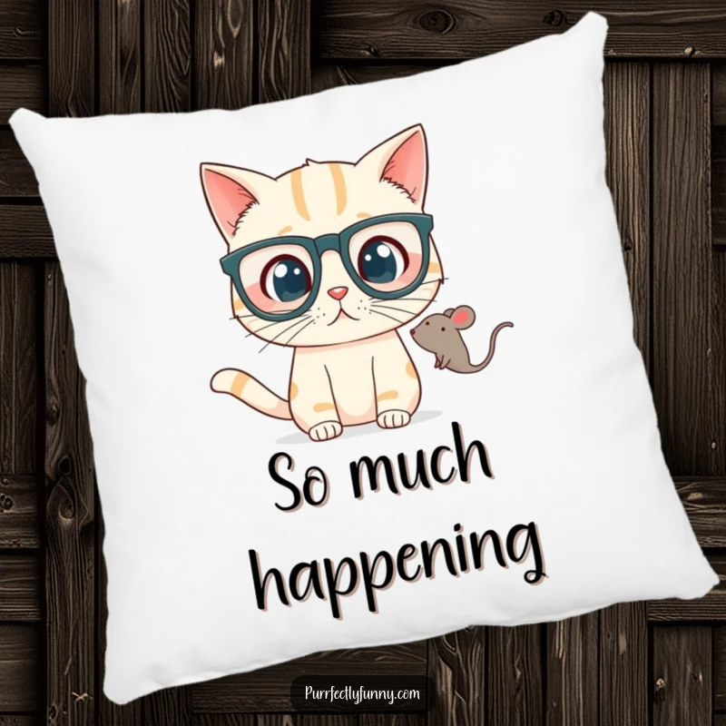 Funny Pillow with a cat in oversized glasses looking surprised at a toy mouse, offering comfort and a humorous design.
