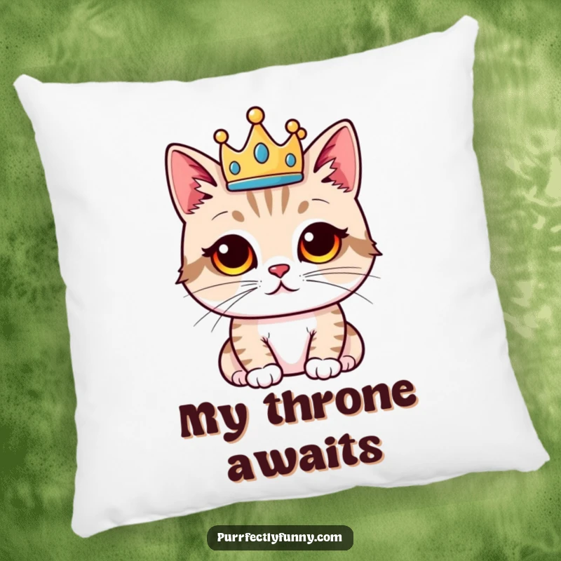 Funny cat pillow, proud feline in a tiny crown, soft and humorous home decor, ideal funny gift.