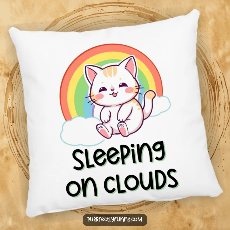 Funny cat with a happy expression, sliding down a rainbow, bringing magical and cozy vibes to this pillow.
