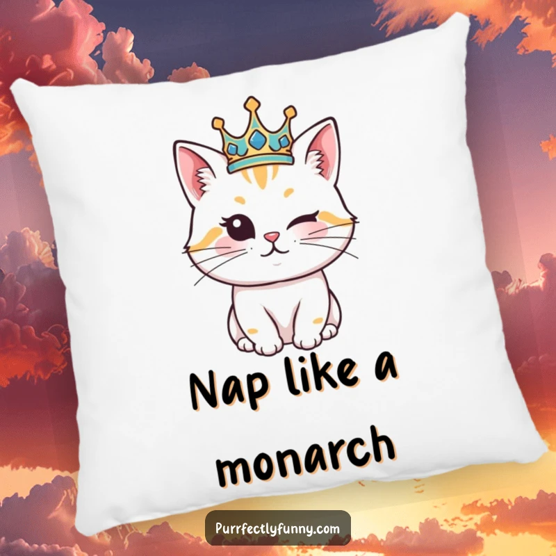 Funny Cat Pillow: A plush pillow with a funny illustration of a cat wearing a crown and giving a cheeky wink.