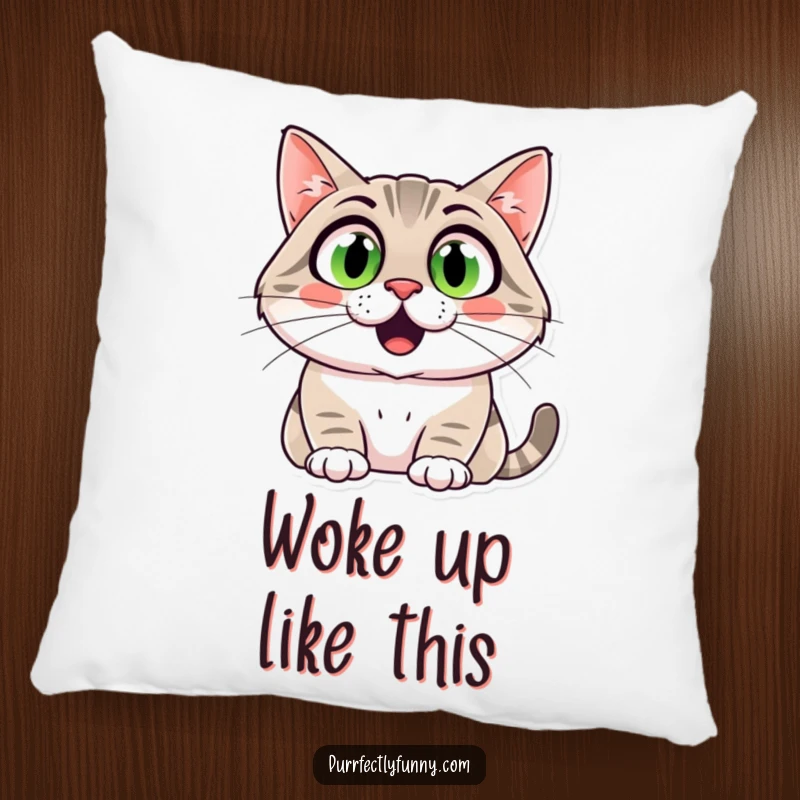 Funny cat pillow featuring a comically surprised face with wide eyes and large smile, perfect for decor.