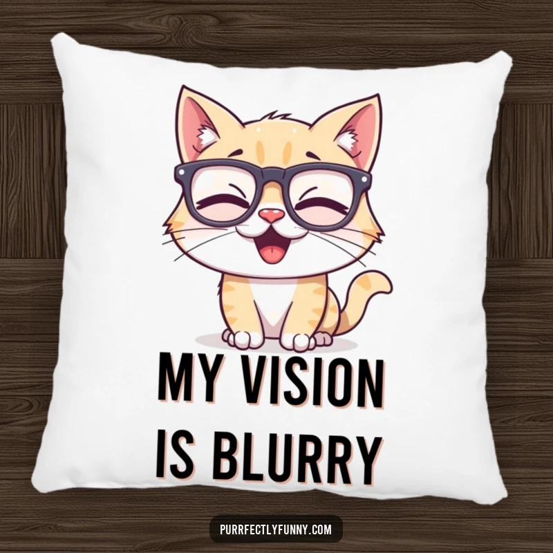 Funny pillow with a plush, cute cat character wearing oversized, funny glasses and caught in a fit of giggles, offering comfort and laughs.