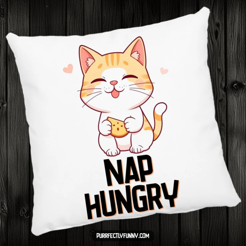 Funny cat pillow: a cat character playfully smacking its lips, eyes focused on an anticipated delicious snack, looking cute.