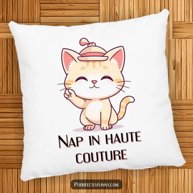 Funny pillow featuring a cat wearing a tiny hat and striking a sophisticated pose.