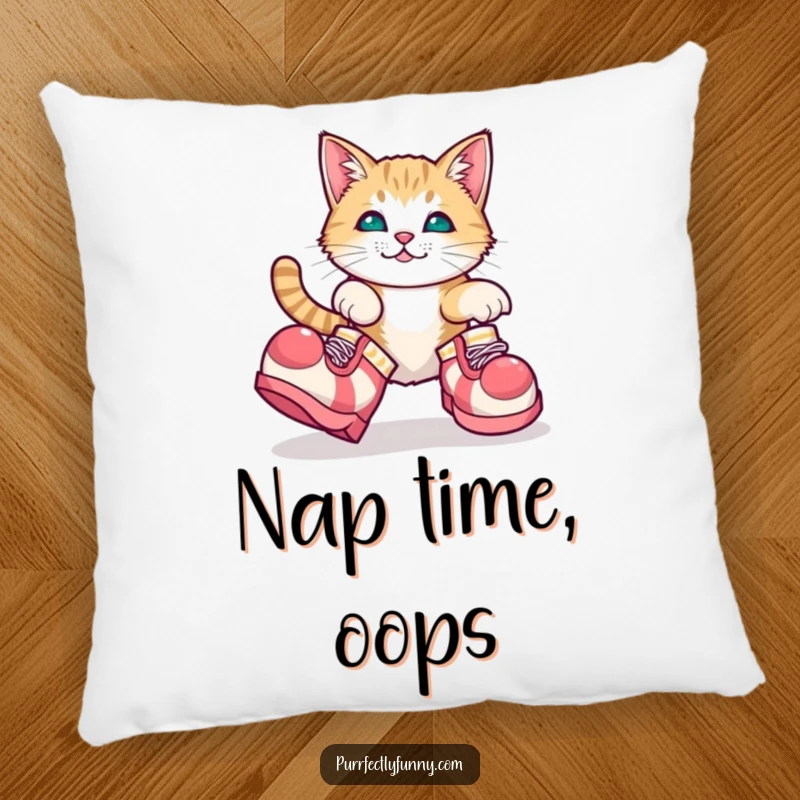 Funny, plush pillow showcasing a cat adorably tripping while wearing comically large clown shoes, perfect for comfort.