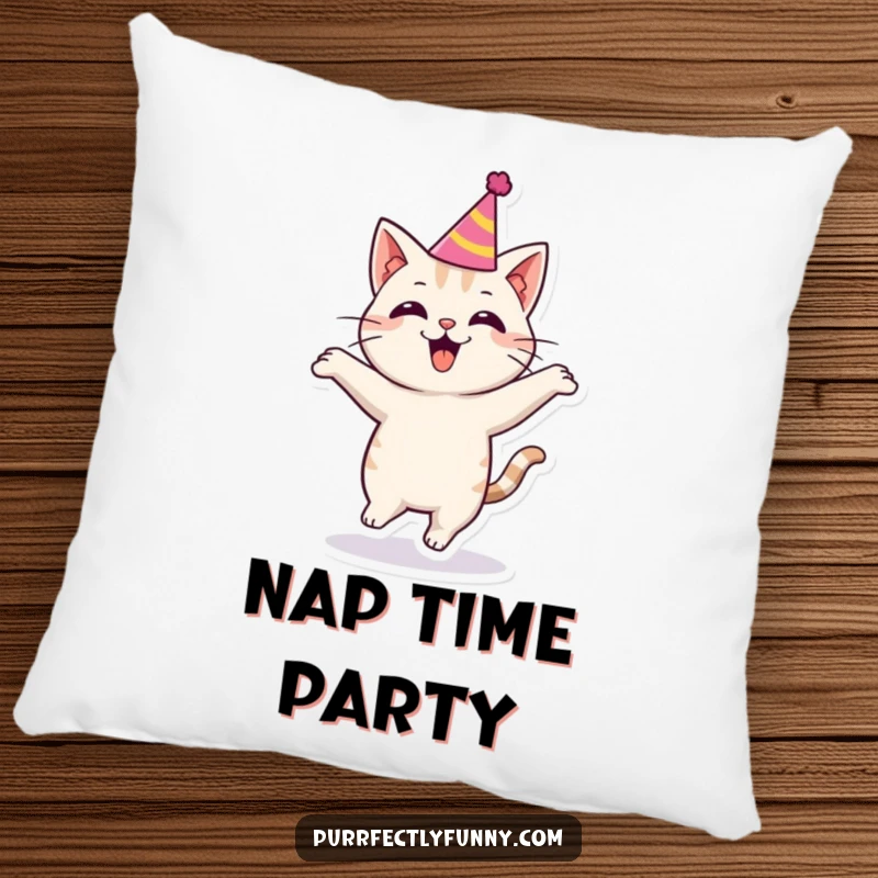 Funny cat wearing a party hat, bouncing excitedly, bringing a festive and humorous touch to this pillow.