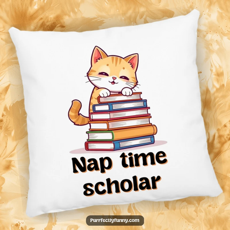 Funny Cat Pillow: A humorous depiction of a cat wobbling under the weight of a stack of books, adding charm to any room.