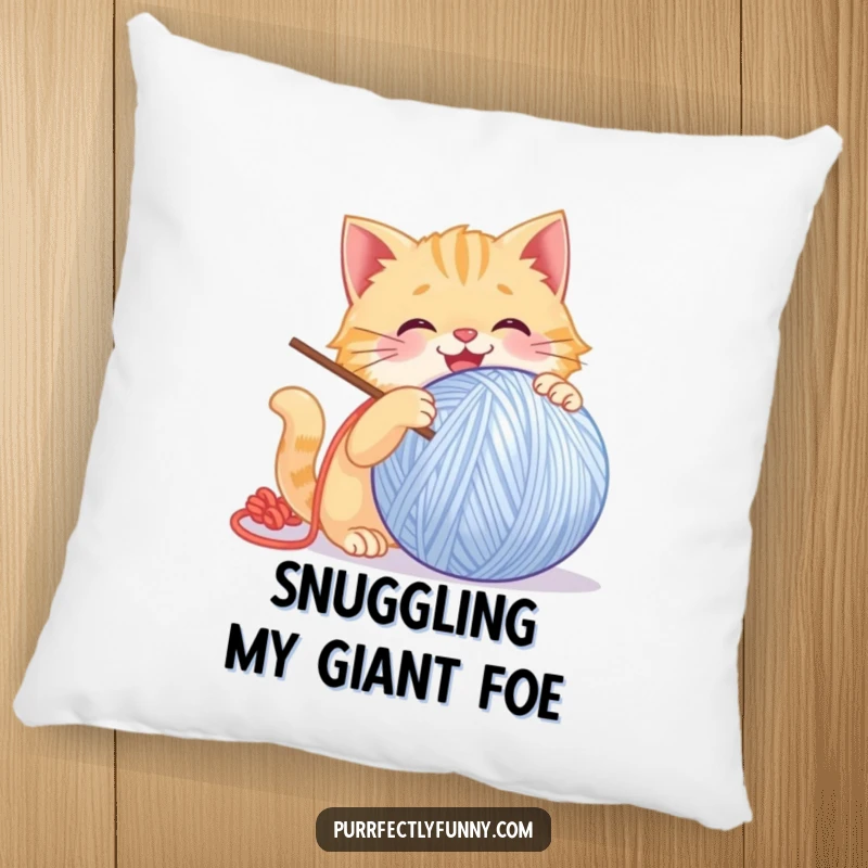 Funny Cat Pillow: A soft pillow featuring a funny illustration of a cat gleefully batting a giant, smiling ball of yarn.