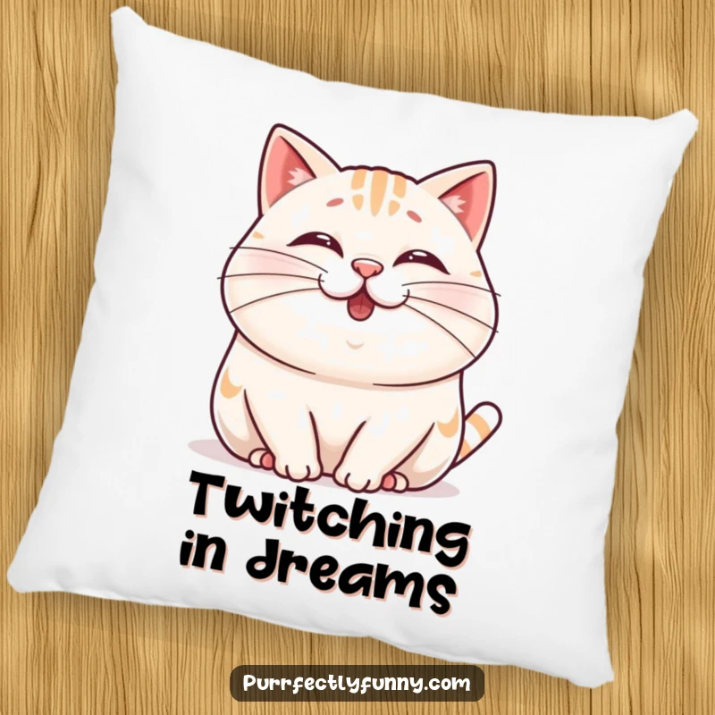 Funny Wobbly Whisker Cat Pillow featuring a plump, cheerful cat wiggling its nose and a comically long whisker, adding cozy humor.